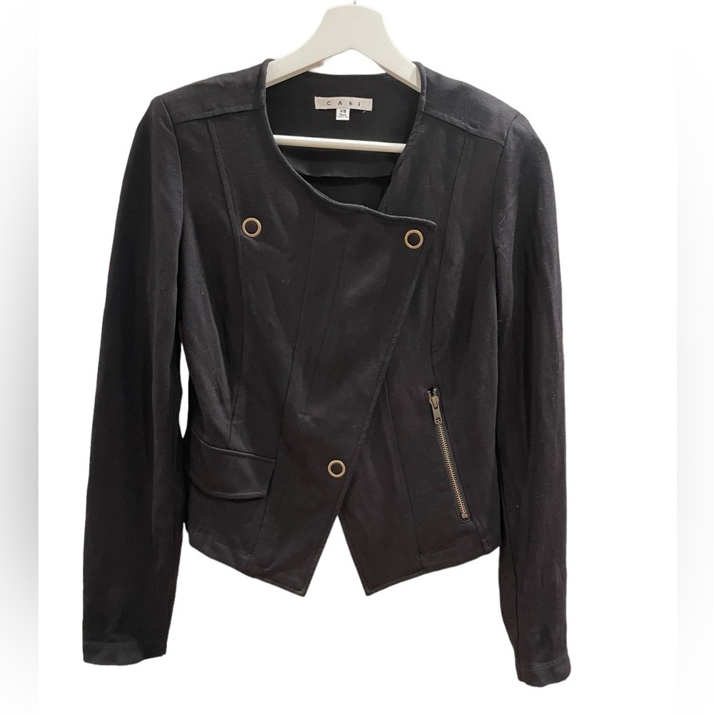 Cabi Blazer Style 615 Black Ponte Knit Moto Jacket Pocket Zip